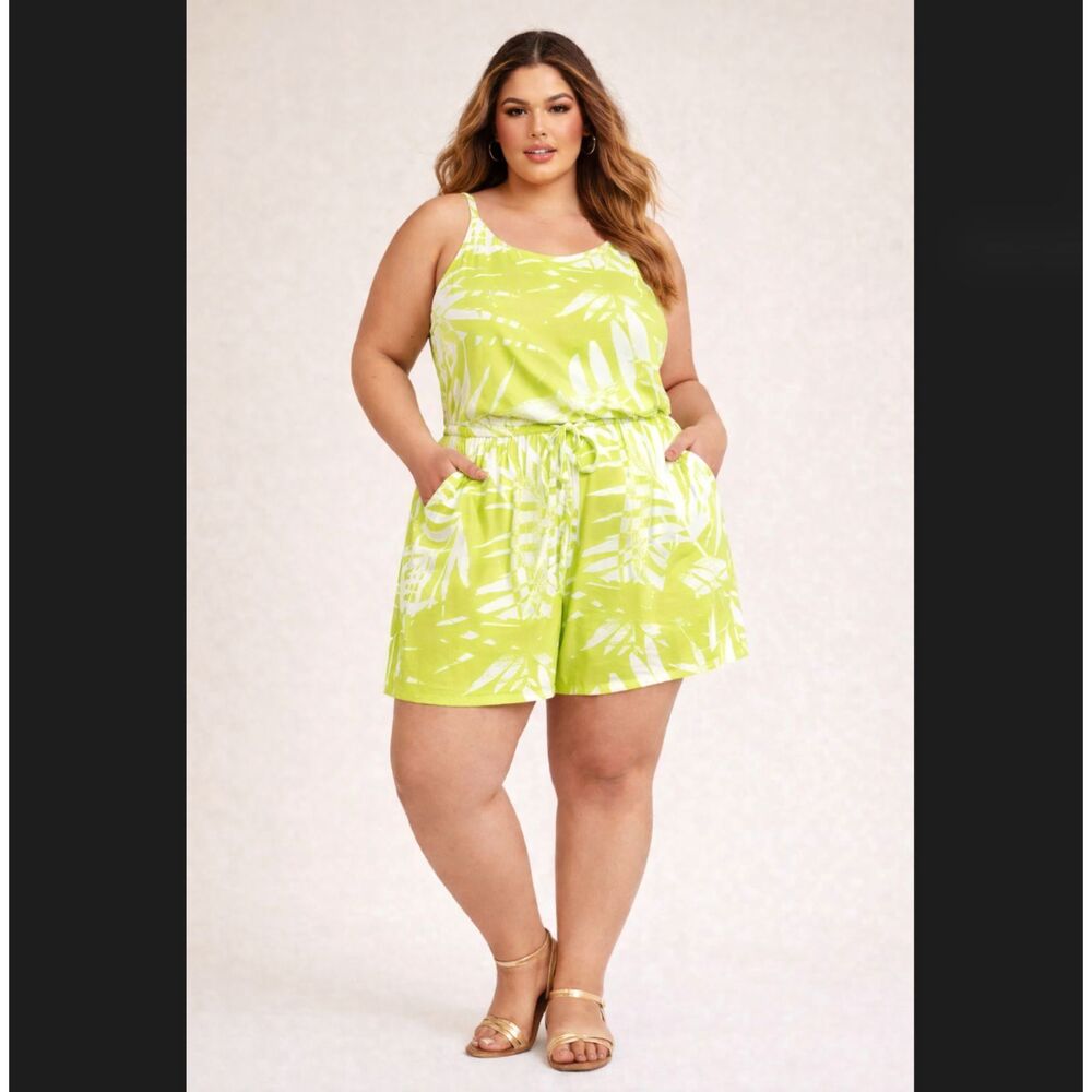 Torrid Romper 2X Palm Leaf Print Tie Green Soft Knit Pockets Stretch Resort NWT